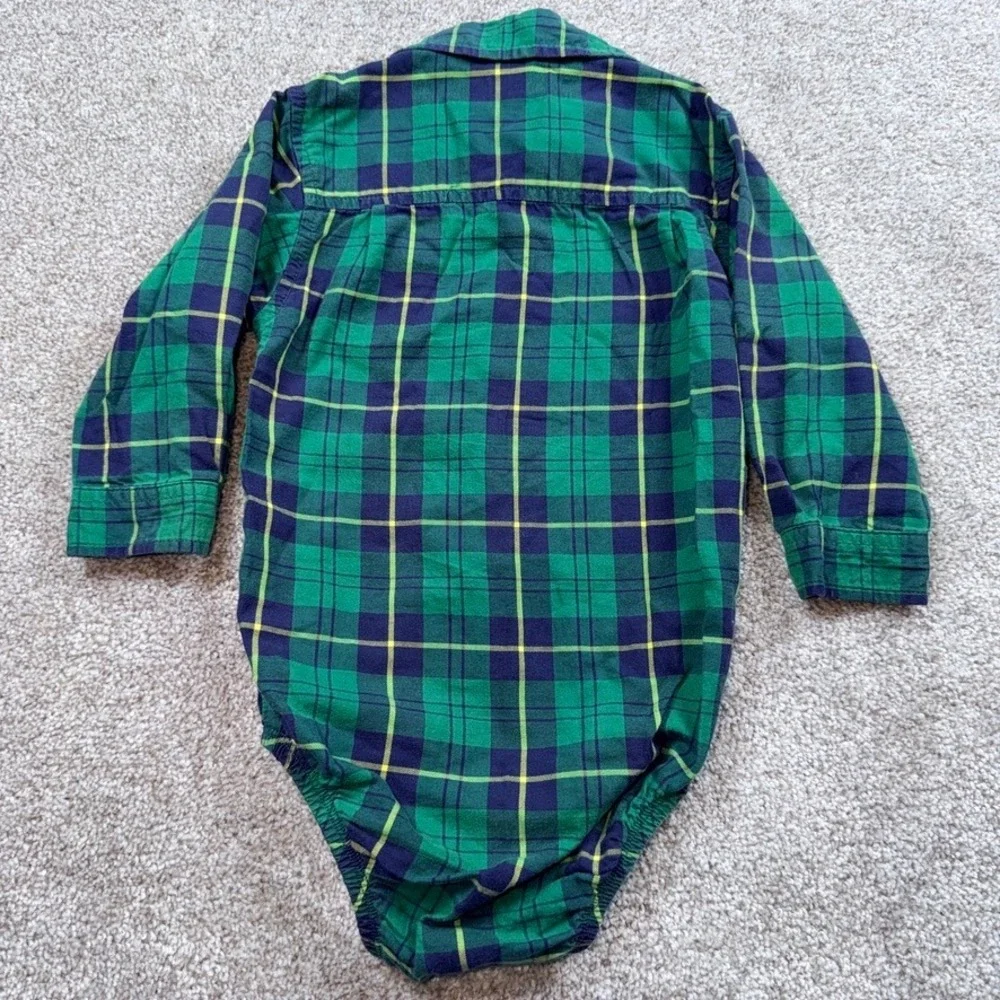 OshKosh Bgosh Baby Boy 24M Green Navy Plaid Flannel Long Sleeve Shirt Bodysuit
